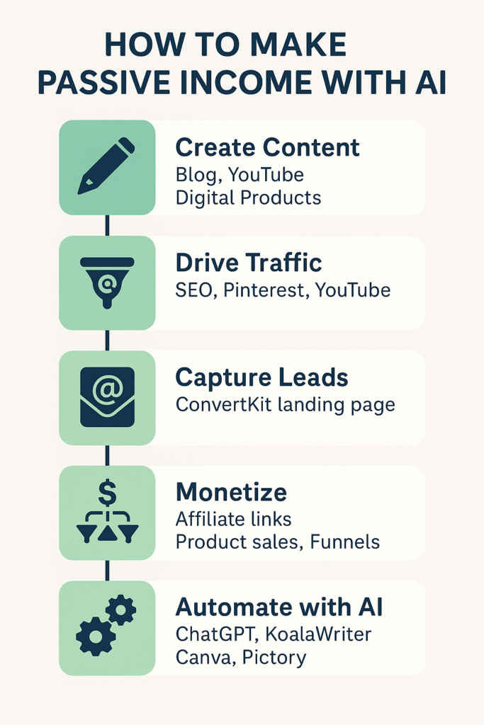 Infographic showing how to make passive income with AI using a 5-step system: create content, drive traffic, capture leads, monetize, and automate with tools like KoalaWriter, Canva, and ConvertKit.