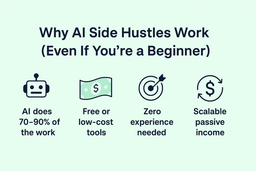Infographic showing why AI side hustles are great for beginners — including automation, low-cost tools, zero experience needed, and passive income potential