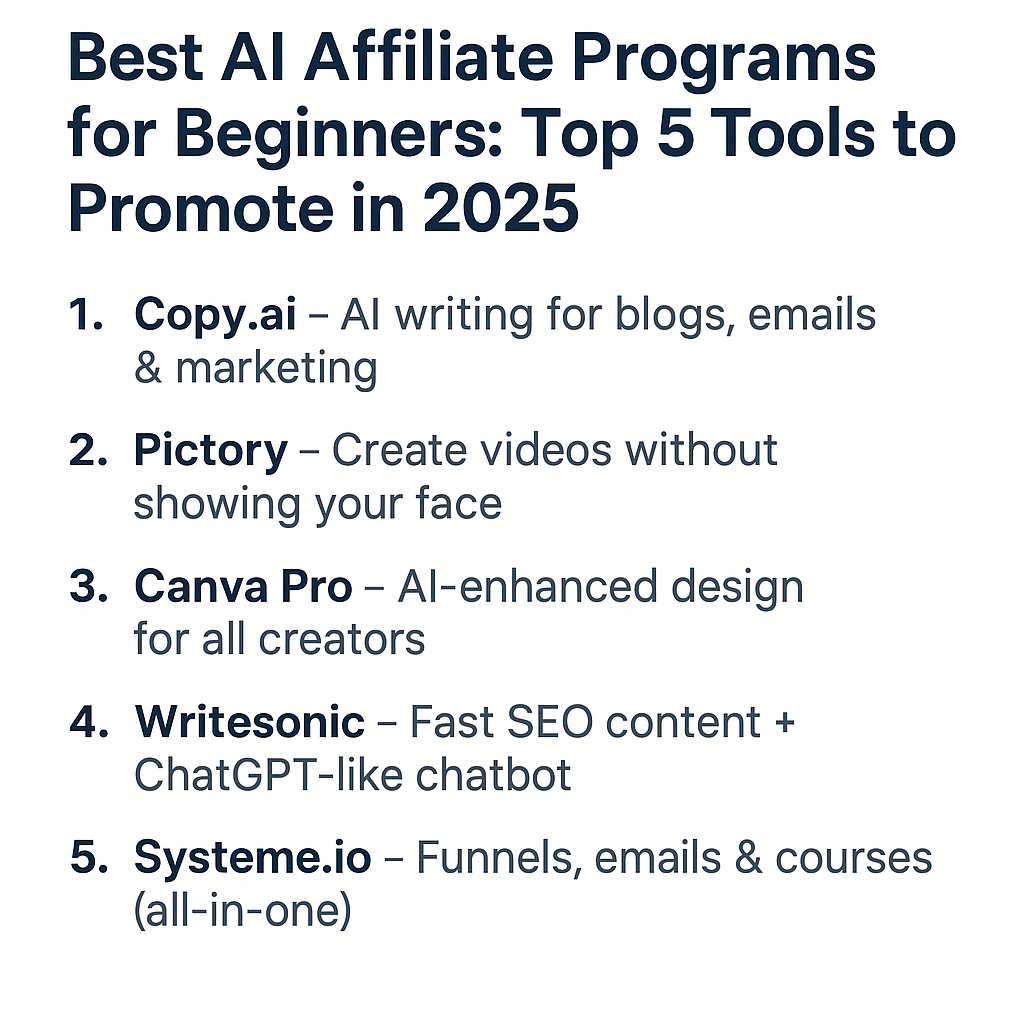 List of the best affiliate programs for beginners in 2025, including Copy.ai, Pictory, Canva Pro, Writesonic, and Systeme.io, with short descriptions of each tool.
