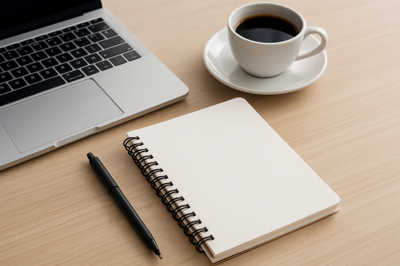 Pen, notebook, and coffee mug on a modern desk setup — representing content creation and writing workflows in a digital business