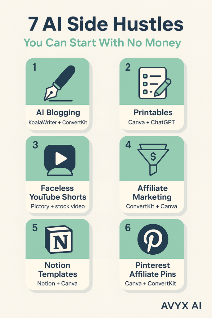 Infographic showing 7 AI side hustles you can start with no money, including blogging, printables, YouTube Shorts, affiliate marketing, Notion templates, prompt packs, and Pinterest pins — using tools like KoalaWriter, Canva, and ConvertKit.