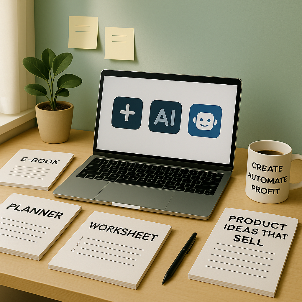 Home workspace with AI tools and digital product mockups — representing how to create and sell digital products in 2025.