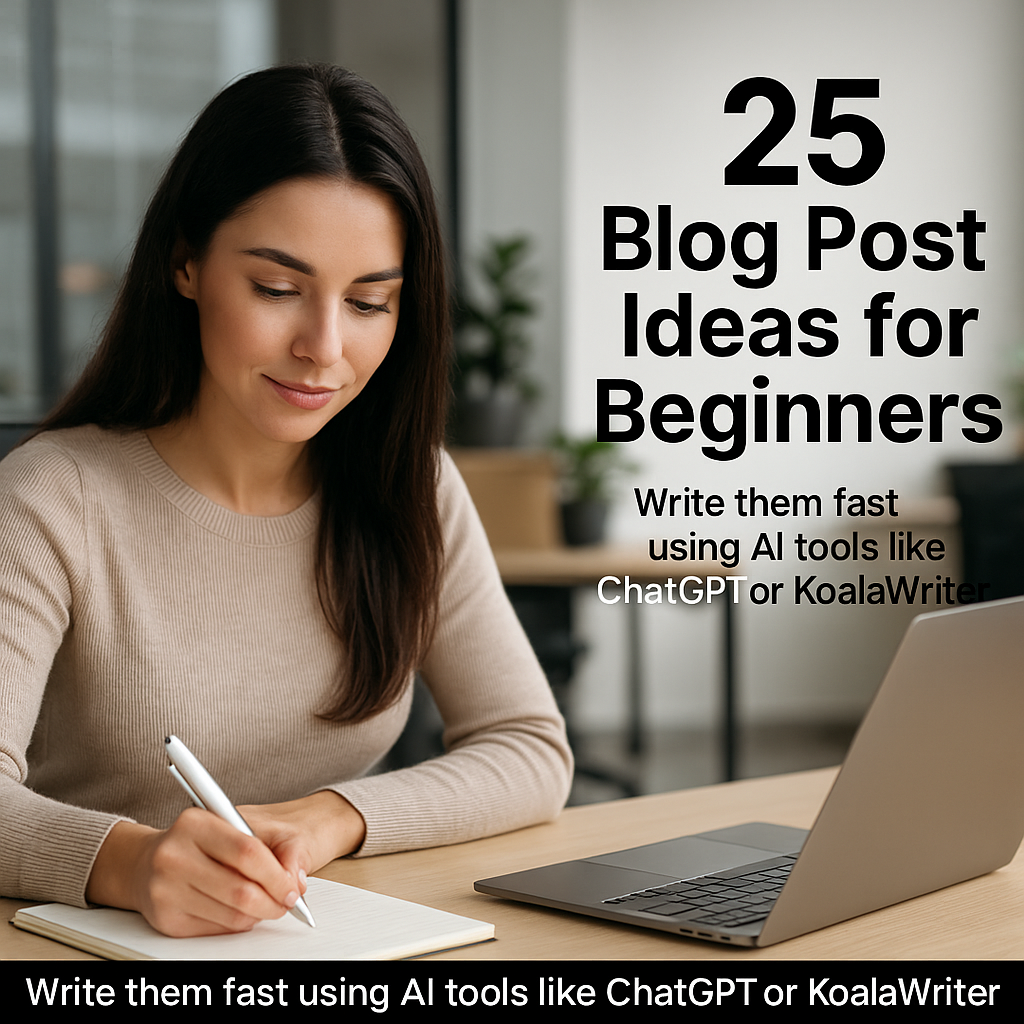 Young woman using AI tools to generate blog post ideas for beginners in a modern office