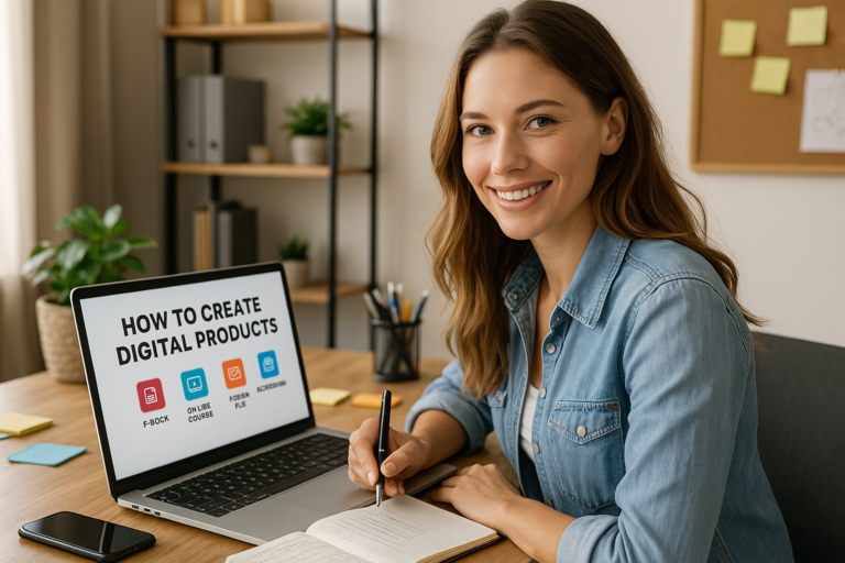 Young entrepreneur using a laptop to create digital products in a clean, modern workspace with AI tools and productivity apps open on screen.