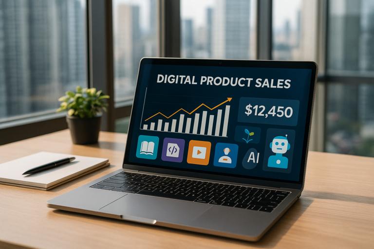Modern laptop on desk in front of glass office windows showing digital product sales dashboard with icons for ebooks, courses, templates, and AI tools.