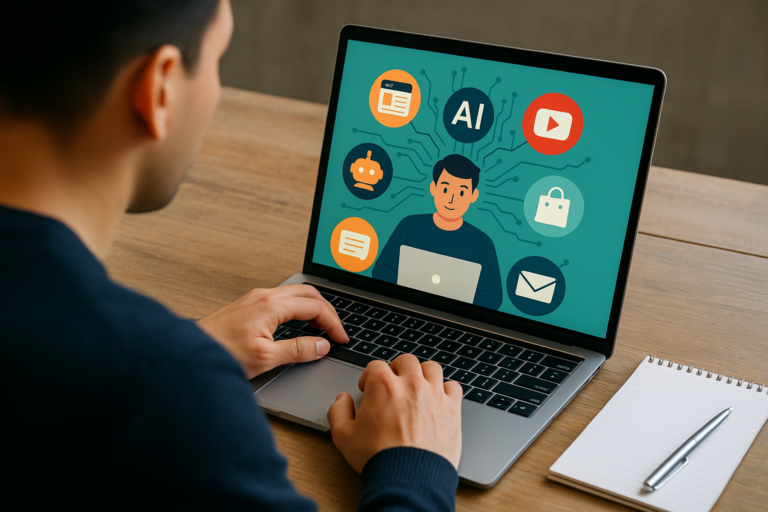 man on laptop looking at ai side hustles