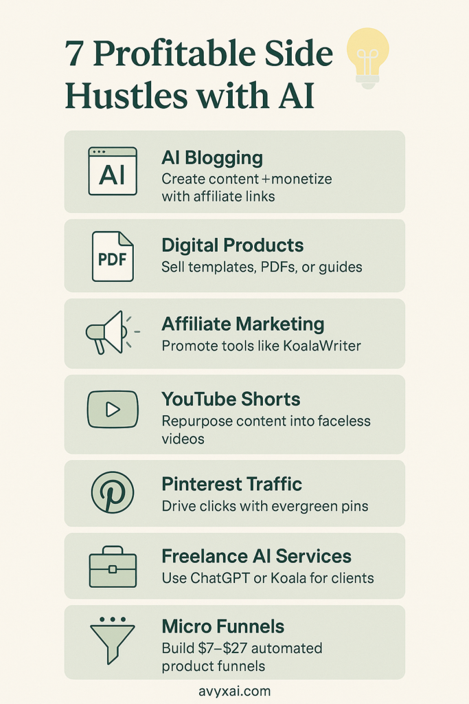 Infographic showing 7 profitable side hustles with AI in 2025, including blogging, digital products, affiliate marketing, YouTube Shorts, Pinterest traffic, freelance AI services, and micro funnels.