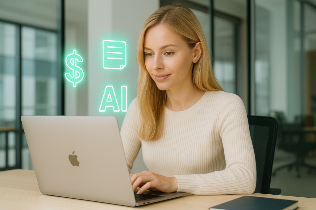 Blonde woman blogging on a MacBook in a modern office with glowing neon icons for AI, affiliate marketing, and passive income