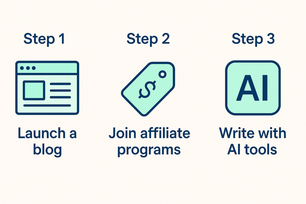 Infographic showing 3-step process to make money blogging: launch blog, join affiliate programs, write with AI tools – AVYX AI brand colors