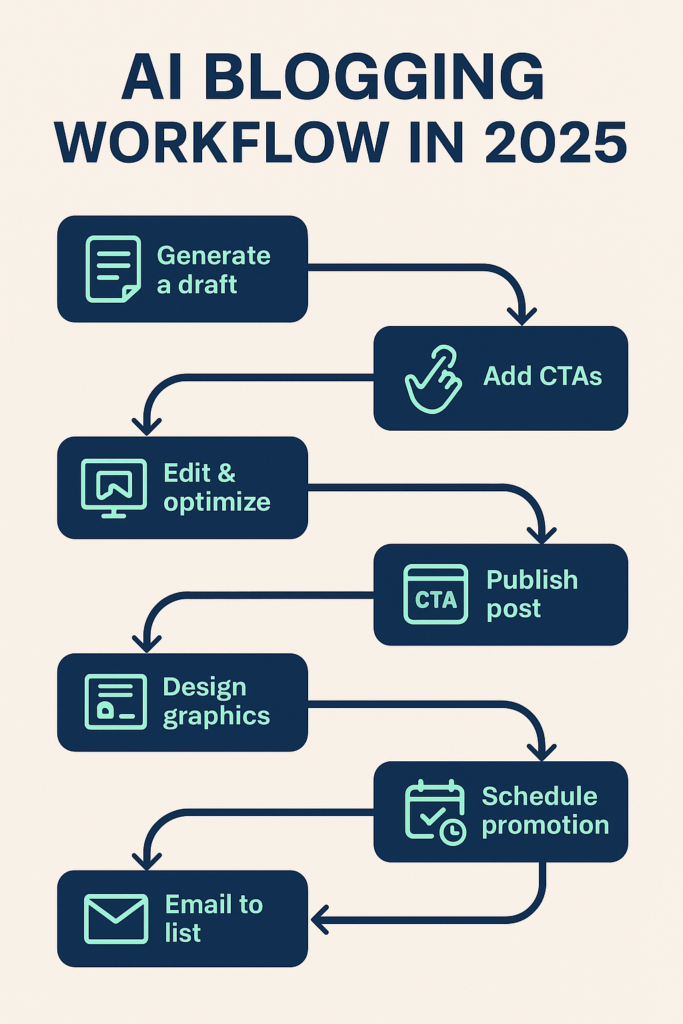 The graphic shows the AI Tools For Blogging workflow in 2025 infographic showing steps to make money blogging — from draft to CTAs, SEO, graphics, and email promotion.