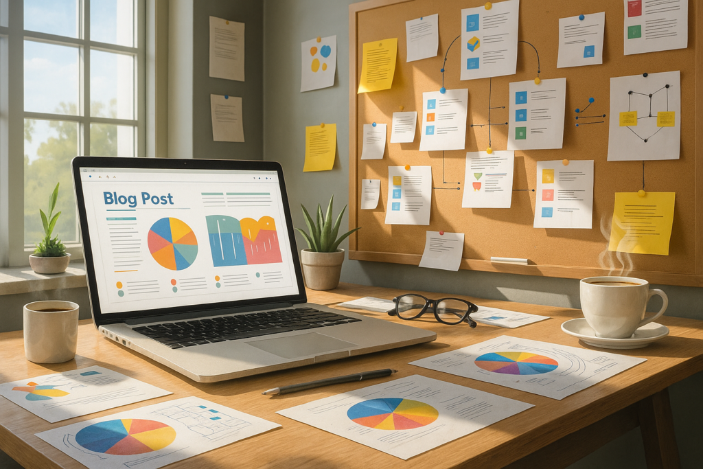 A realistic photo of a workspace used for planning blog post ideas, featuring a laptop with analytics charts, a coffee mug, and a corkboard filled with blog strategy notes