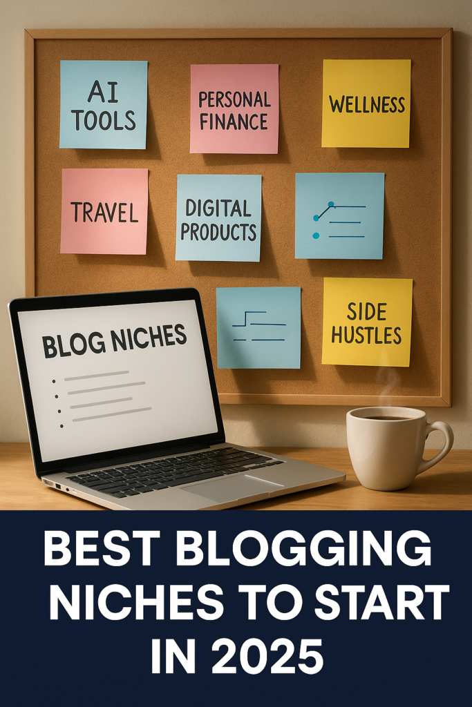 Workspace with blogging niche ideas and AI-powered tools for starting a blog in 2025