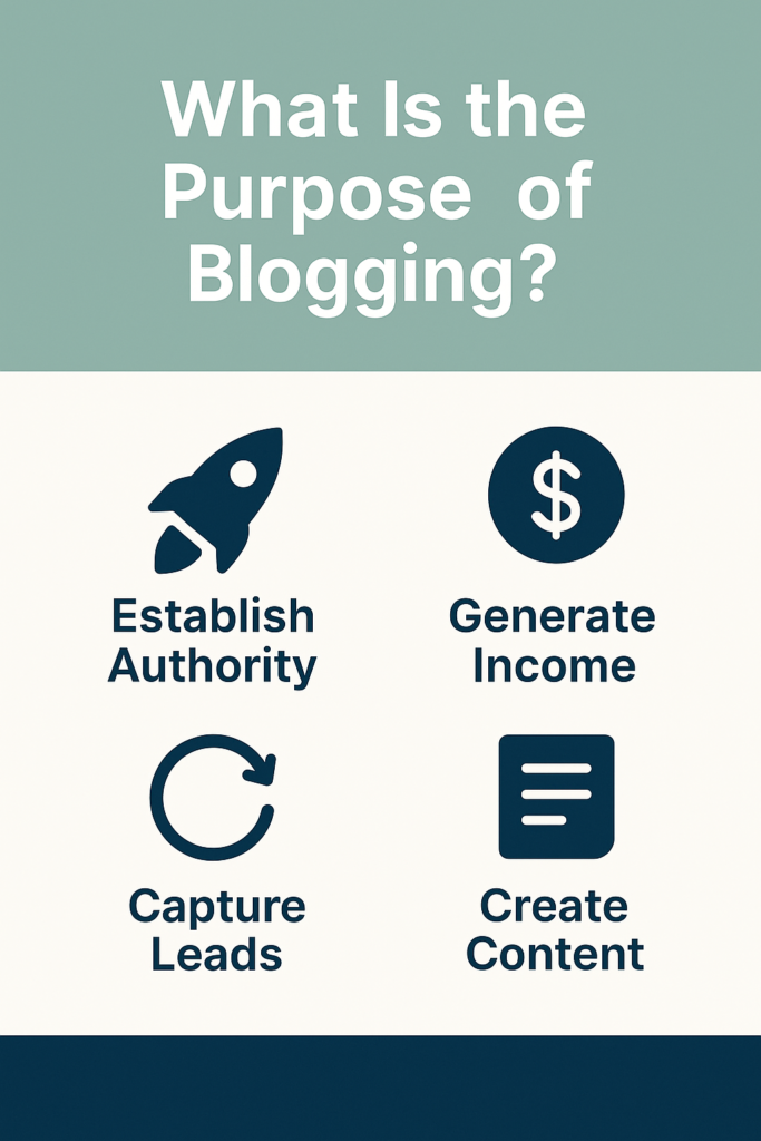 infographic titled “What Is the Purpose of Blogging?” with four labeled icons: Establish Authority, Generate Income, Capture Leads, and Create Content — styled in AVYX AI brand colors with a clean, modern design.