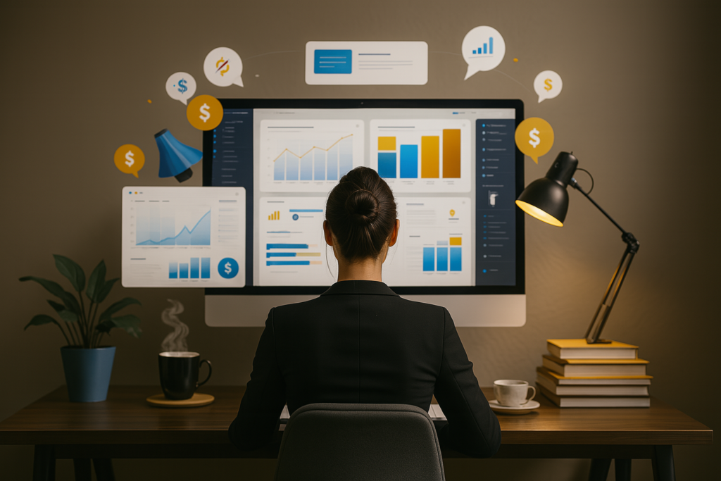 image of a blogger analyzing income dashboards and affiliate sales — visual concept of how to monetize a blog using data and smart tools.