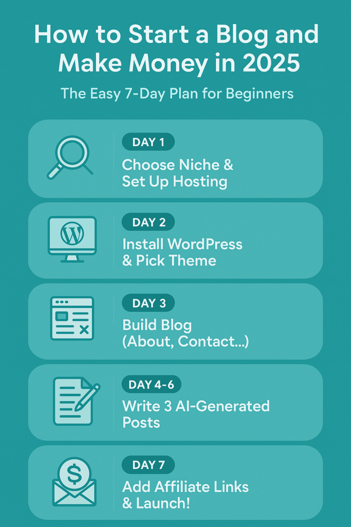 Step-by-step infographic showing how to start a blog and make money in 2025 — includes niche selection, setup, writing posts, adding affiliate links, and launching with AI tools.