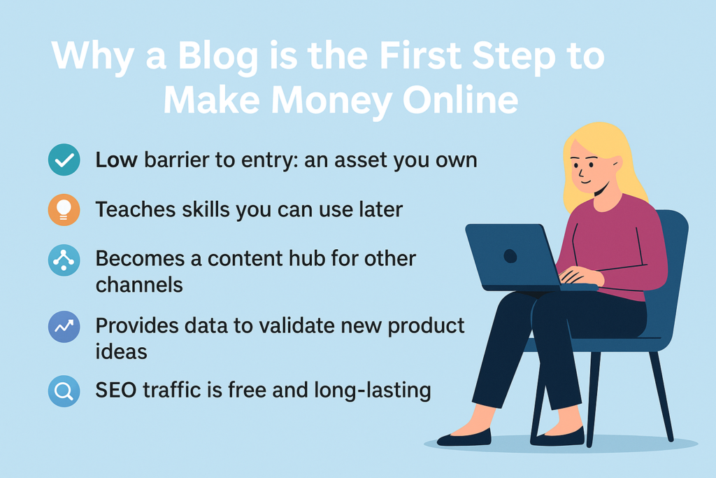 Infographic explaining how to make money online by starting with a blog — showing blog as the foundation for SEO, affiliate income, and digital products.