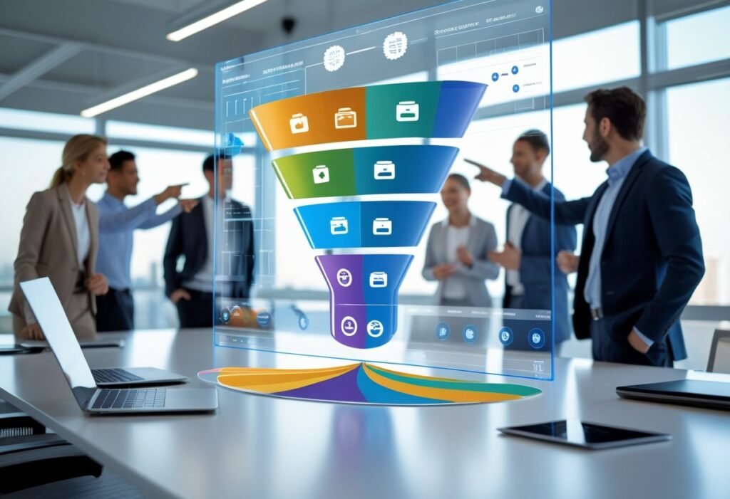 A group of professionals in a modern office collaborating around a transparent screen showing a multi-stage digital product funnel diagram