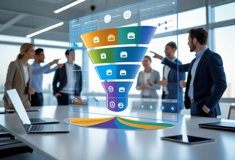 A group of professionals in a modern office collaborating around a transparent screen showing a multi-stage digital product funnel diagram