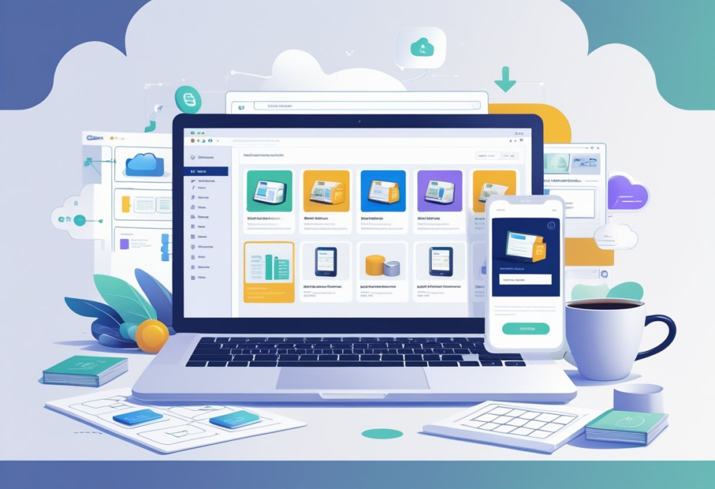 Visual representation of how to create a website to sell digital products, featuring a dashboard with product listings on laptop and mobile screens