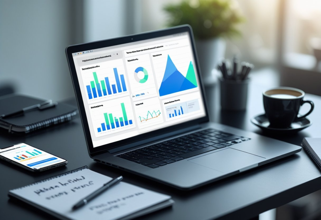 A laptop on a desk showing colorful charts and graphs with a smartphone working on rank math plugin