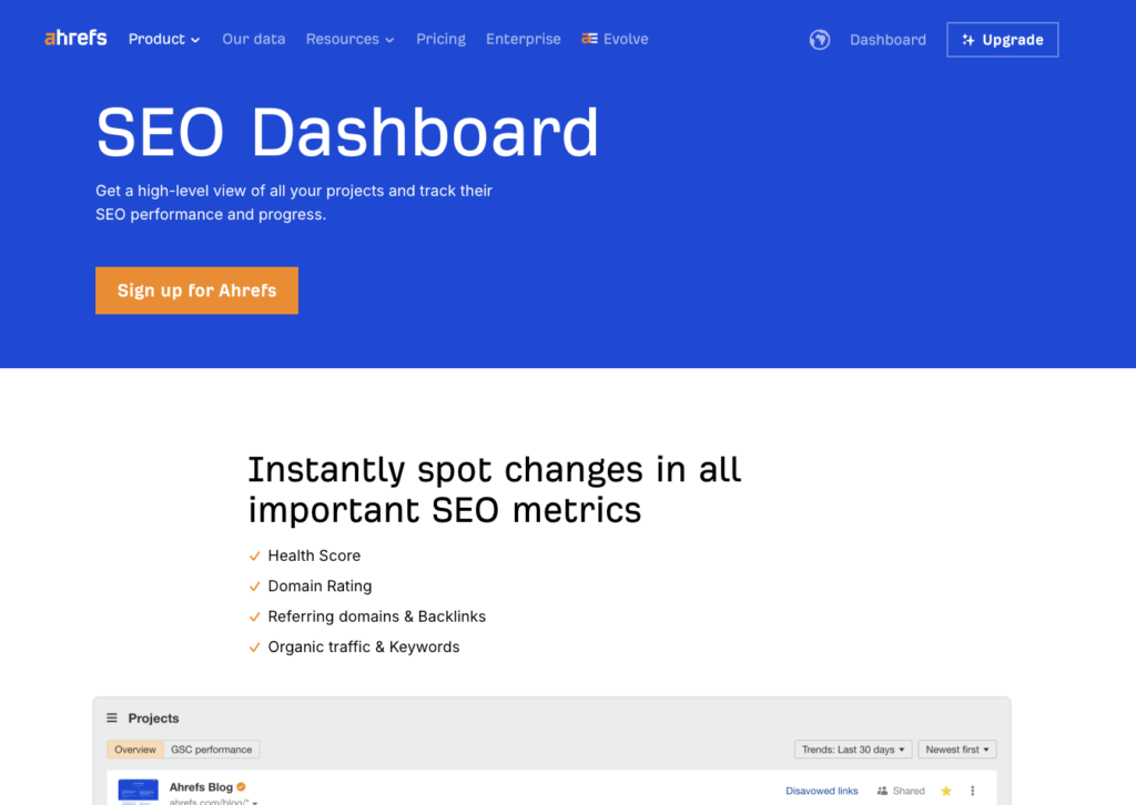 Sample Ahrefs home page in a comparison between Ubersuggest vs Ahrefs. 