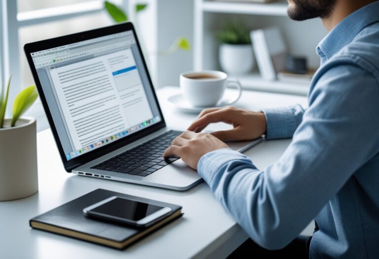 Man learning how to write a blog post with AI on his laptop