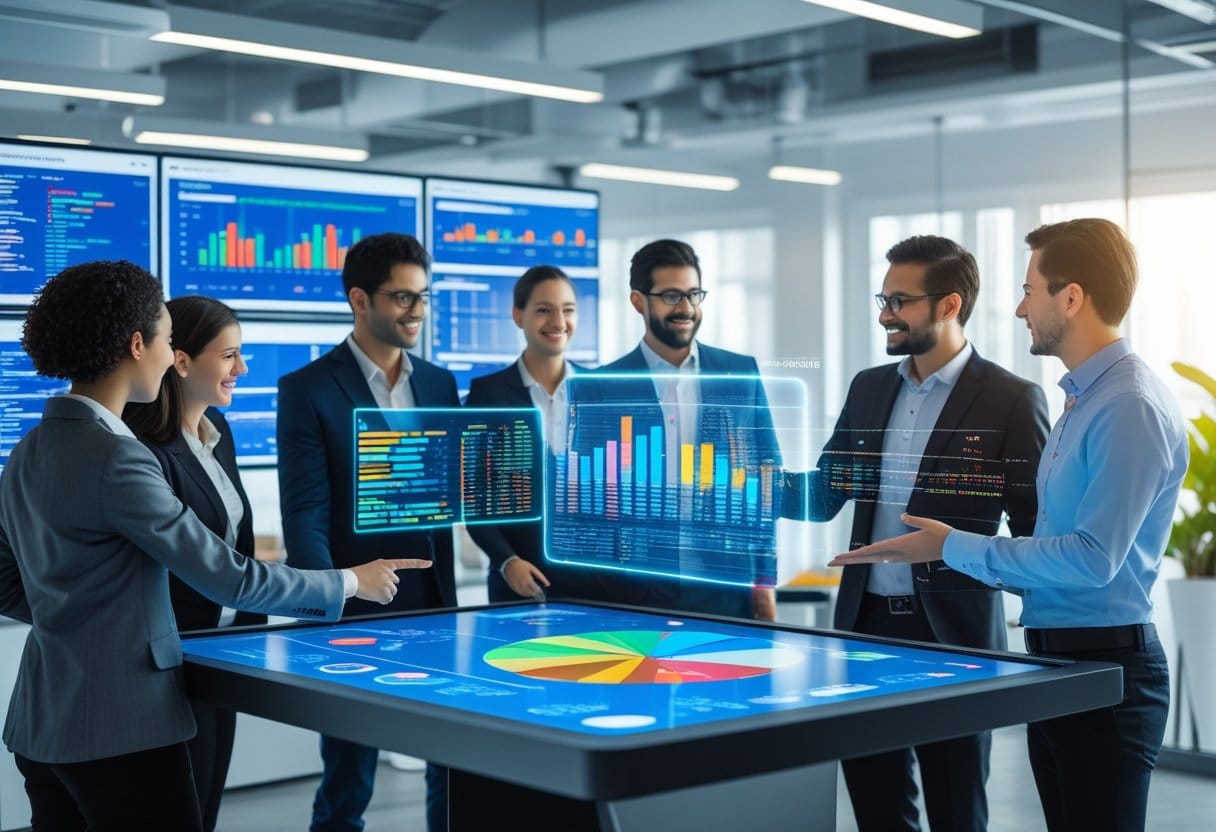 A group of professionals working together around a digital touchscreen table displaying charts and data in a modern office setting.